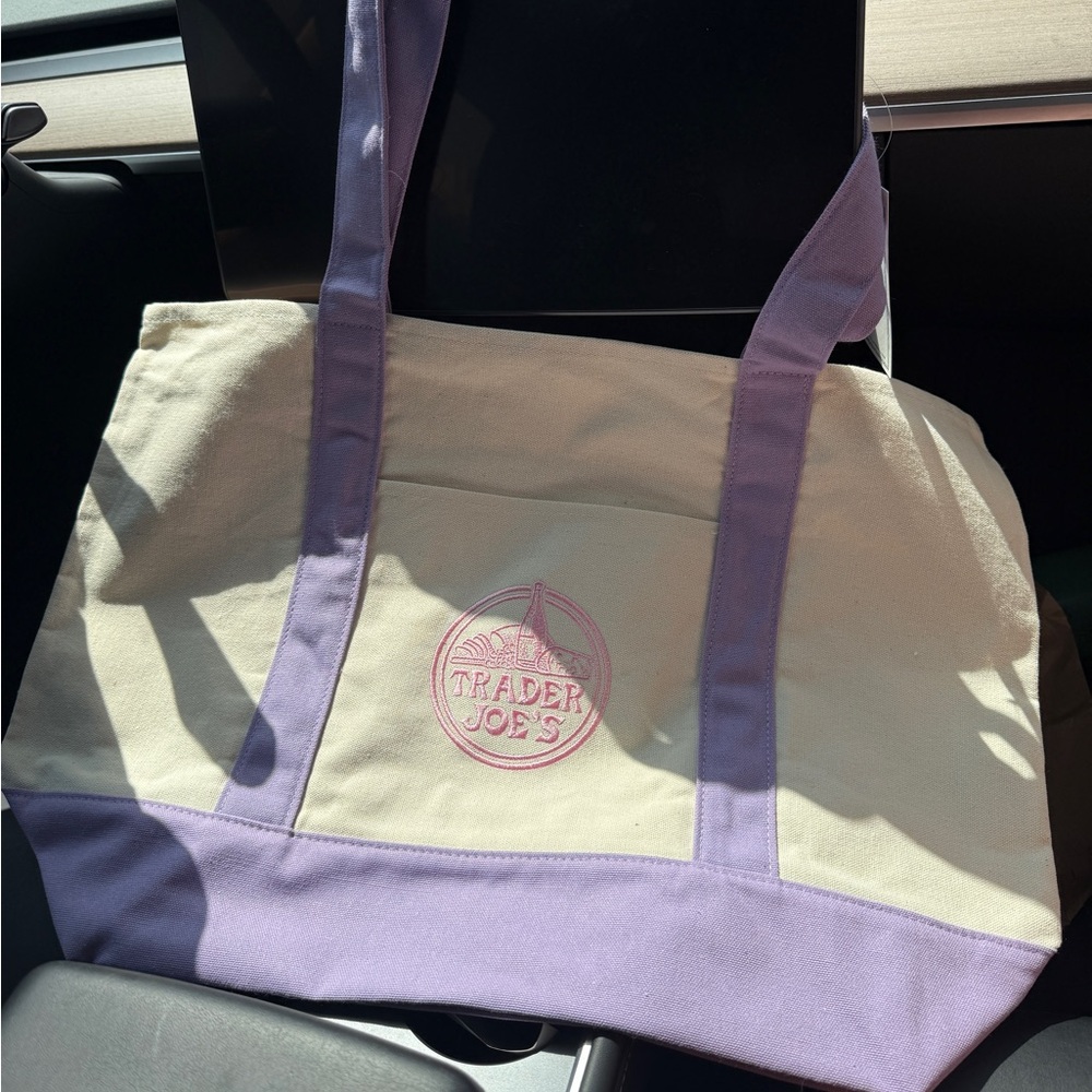 Trader Joes large Cream and Lavender Canvas Tote Bag